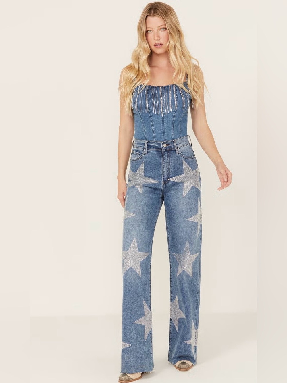 High Rise Womens Rhinestone Star Wide Leg Jeans M Western Festival Artsy